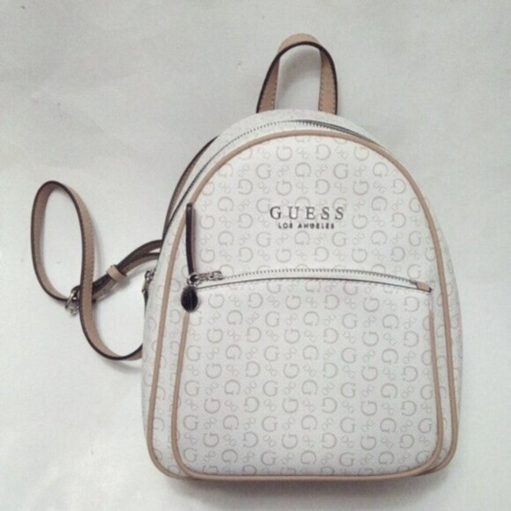 Guess Monogram Mini Backpack Tan and Cream | Designer Logo Women’s Backpack